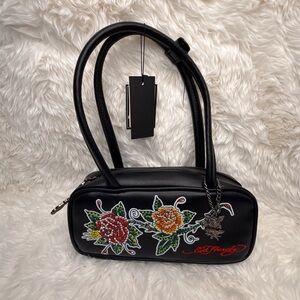 Ed Hardy Black Floral Rhinestone Embroidered Shoulder Bag with Charm